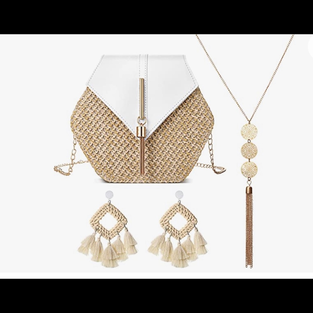 🔥 3 Pieces Women's Crossbody Straw Bag Bohemia Tassel Earrings and Necklace